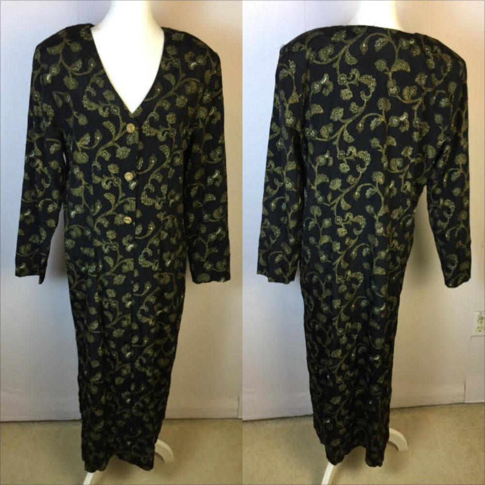 Vtg Caroline Wells Collection Duster Dress Coat Jacket Size 14 Womans Black Gold